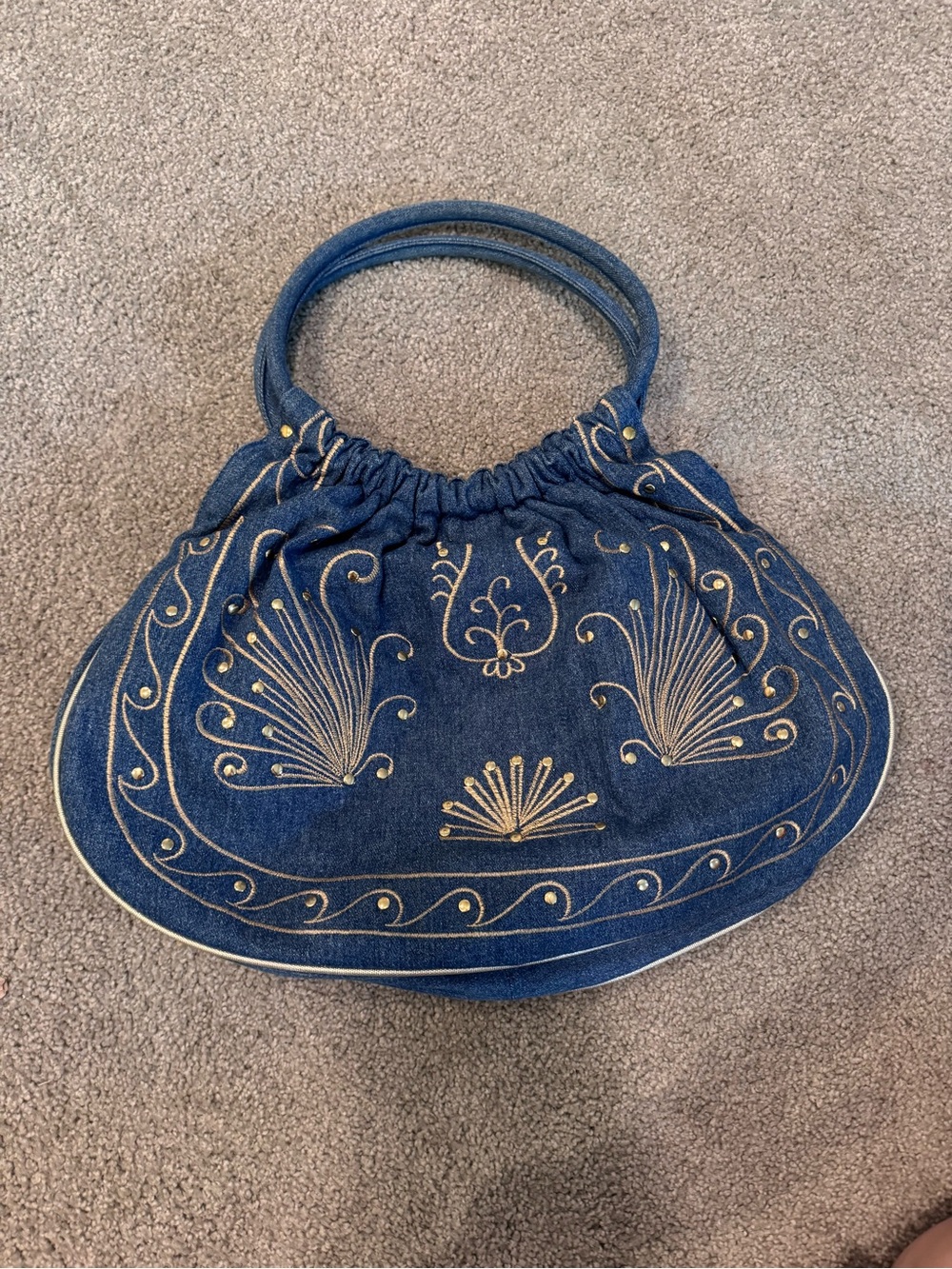Denim Studded Swing Purse Handle Bag Embroidered Gold Accents